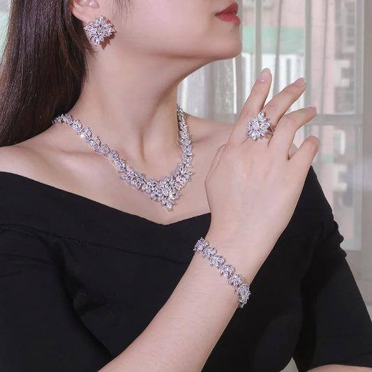 Trendy Cubic Zirconia Wedding Jewelry Set Nigeria Dubai Party Dress Bridal Jewelry Necklace  4-piece Set Accessories