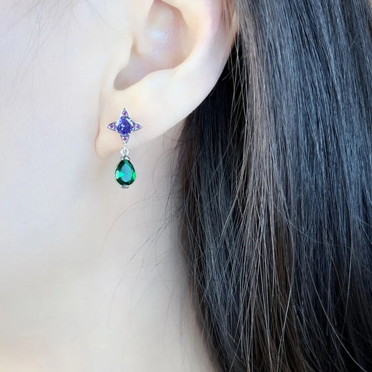 Ear Studs Green Drop With Purple Star Geometrical Jewerly For Women Summer New Bohemia Positive Gift In 925 Sterling Silver